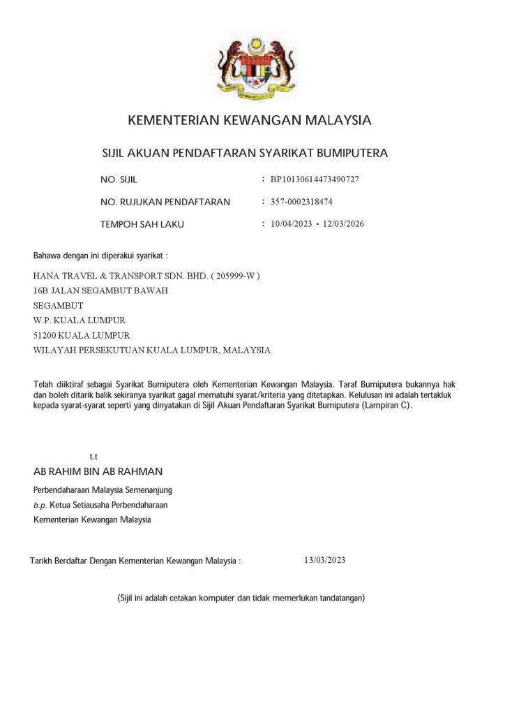 Sijil Kementerian Kewangan (Syarikat Bumiputera)